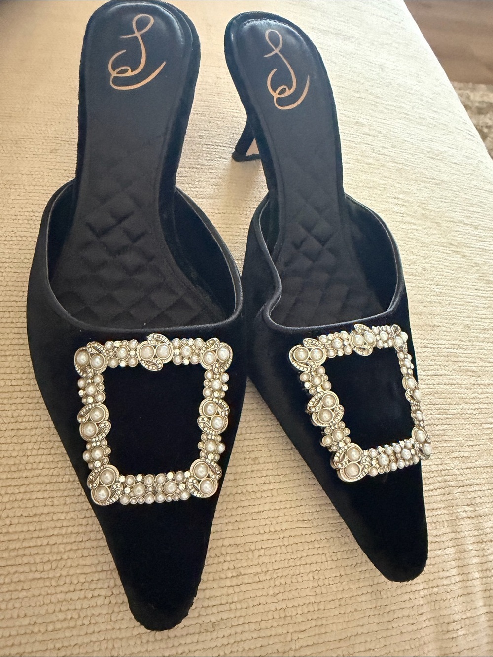 Sam Edelman Black Velvet Mules with Pearl & Crystal Buckles